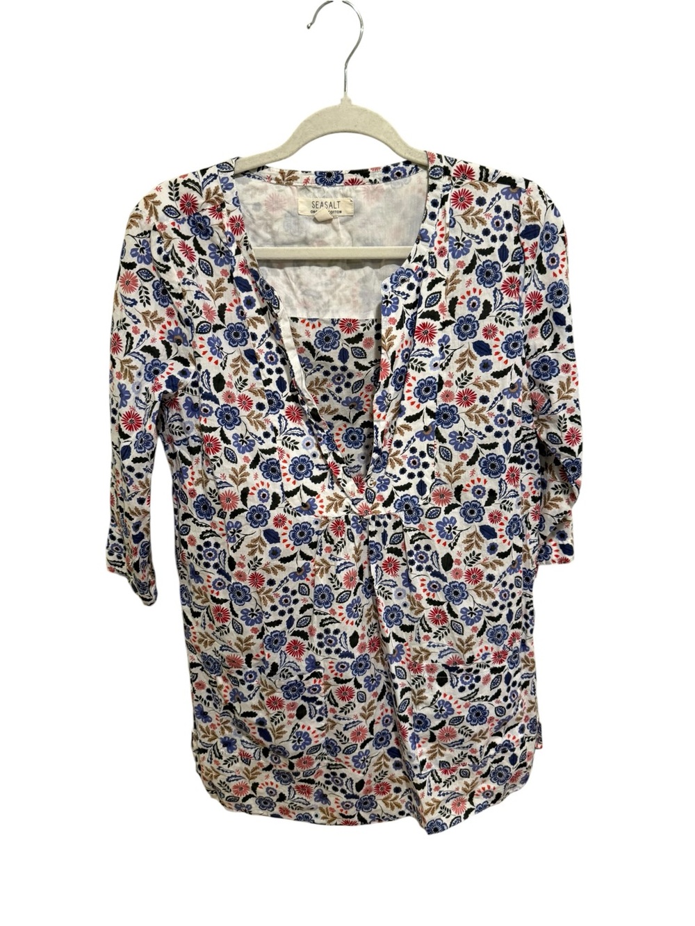 Seasalt White Organic Cotton Floral V-Neck 3/4 Sleeve Tunic/Coverup